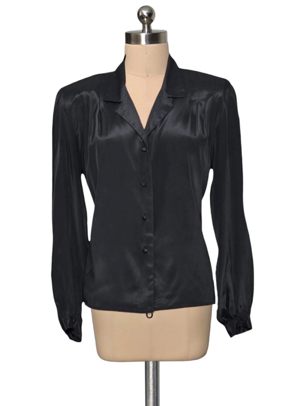 Vintage 80's 90's PETERS & ASHLEY Pleated Button Up Black Blouse Top 12